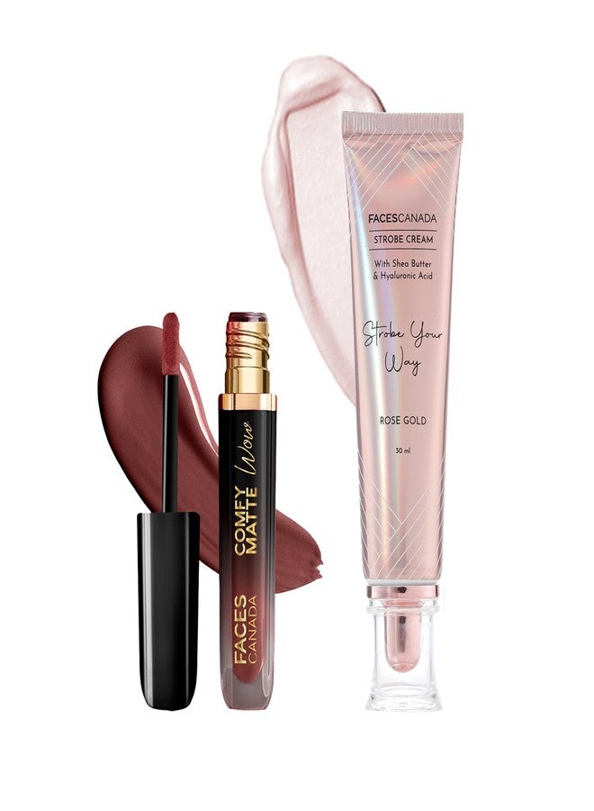 FACESCANADA Comfy Matte Wow Liquid Lipstick - Cocoa Crush 07 (3.8Ml) & Rose Gold Strobe Cream (30Ml) Combo | Highly Pigmented | Flawless Radiant Dewy Skin | Illuminating & Glowing Makeup Base - Image 1