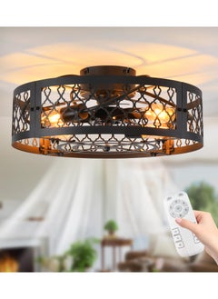 Ganeed 19.6in Caged Ceiling Fan with Light, Bladeless Black Fandelier Ceiling Fan with Remote, Industrial Farmhouse Samll Fan Lights Ceiling Fixtures for Kitchen, Bedroom（6 Speed, Timing）-Black  - Image 1