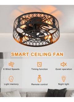 Ganeed 19.6in Caged Ceiling Fan with Light, Bladeless Black Fandelier Ceiling Fan with Remote, Industrial Farmhouse Samll Fan Lights Ceiling Fixtures for Kitchen, Bedroom（6 Speed, Timing）-Black  - Image 5