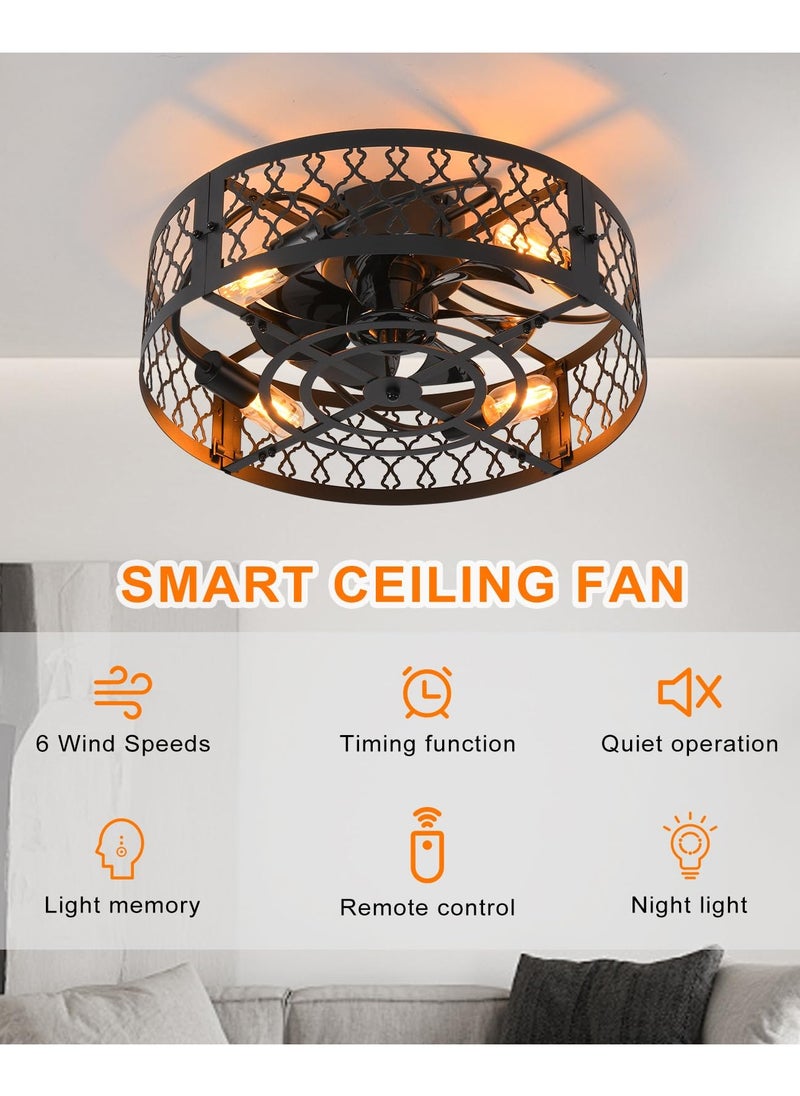 Ganeed 19.6in Caged Ceiling Fan with Light, Bladeless Black Fandelier Ceiling Fan with Remote, Industrial Farmhouse Samll Fan Lights Ceiling Fixtures for Kitchen, Bedroom（6 Speed, Timing）-Black  - Image 5
