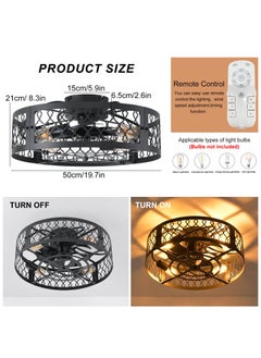 Ganeed 19.6in Caged Ceiling Fan with Light, Bladeless Black Fandelier Ceiling Fan with Remote, Industrial Farmhouse Samll Fan Lights Ceiling Fixtures for Kitchen, Bedroom（6 Speed, Timing）-Black  - Image 3