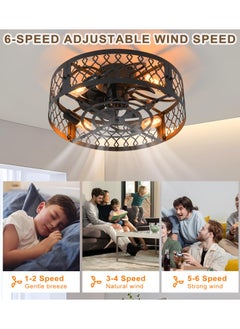 Ganeed 19.6in Caged Ceiling Fan with Light, Bladeless Black Fandelier Ceiling Fan with Remote, Industrial Farmhouse Samll Fan Lights Ceiling Fixtures for Kitchen, Bedroom（6 Speed, Timing）-Black  - Image 4