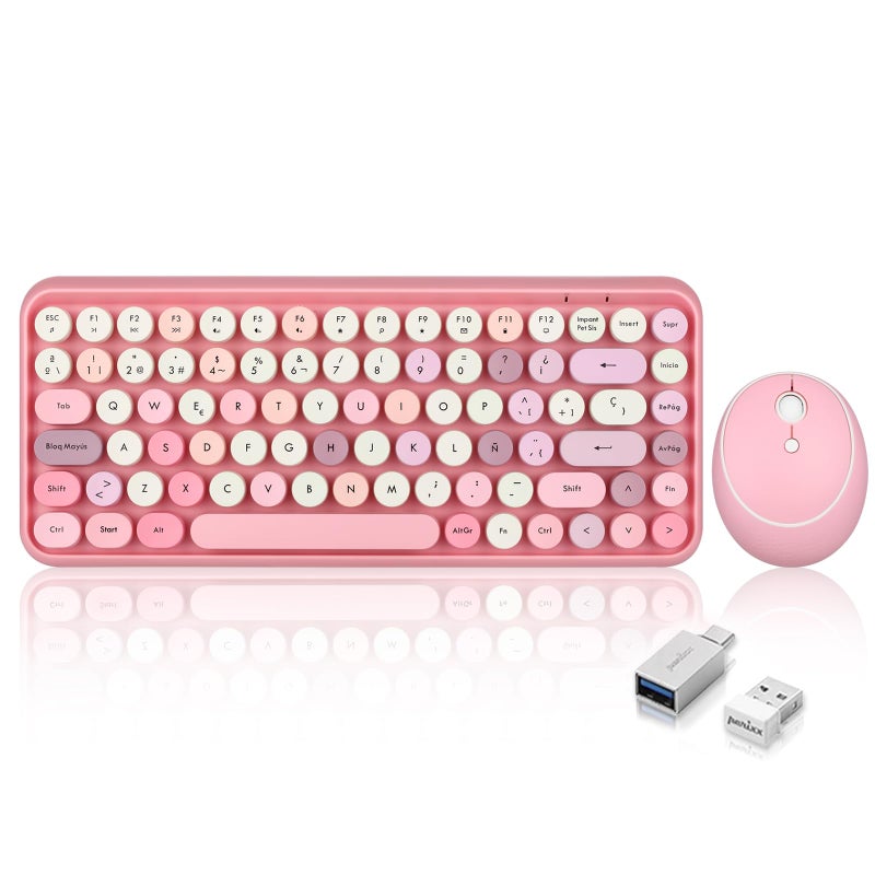 Perixx PERIDUO-713 ES Set de ratÃ³n y Mini Teclado inalÃ¡mbrico 2.4 GHz - Teclas Retro Redondas - Rosado Pastel - EspaÃ±ol QWERTY - Image 1