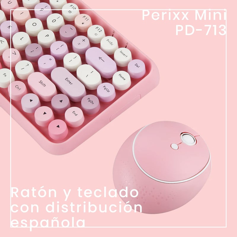 Perixx PERIDUO-713 ES Set de ratÃ³n y Mini Teclado inalÃ¡mbrico 2.4 GHz - Teclas Retro Redondas - Rosado Pastel - EspaÃ±ol QWERTY - Image 2