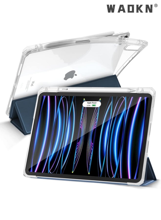WAOKN - iPad Pro 11 Case Clear 2022/2021 with Pencil Holder - Full Body Protection + 2nd Gen Apple Pencil Charging + Auto Wake/Sleep, Hard PC Back Cover for 2020/2018 iPad Pro 11 inch, Blue - Image 1