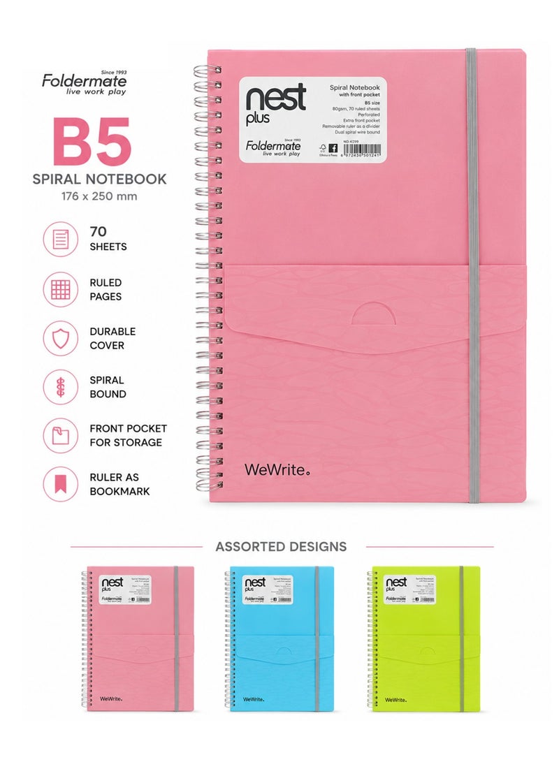 Foldermate 1-Piece B5 Size Spiral Lined Notebook with Divider & Pocket Assorted Colours - Image 1