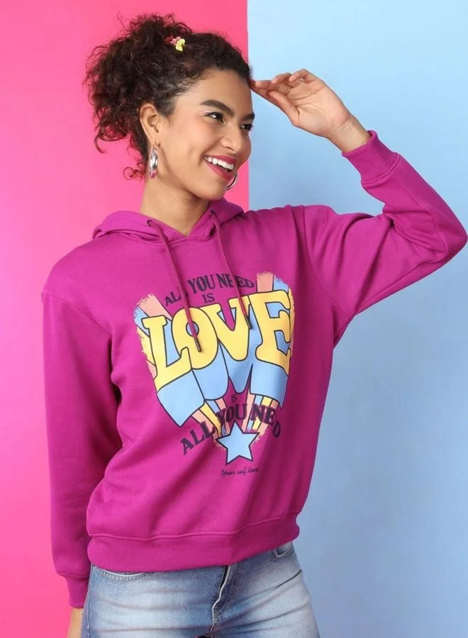 Women Regular Fit Printed Hooded Neck Long Sleeve Overhead-Hooded Sweatshirt