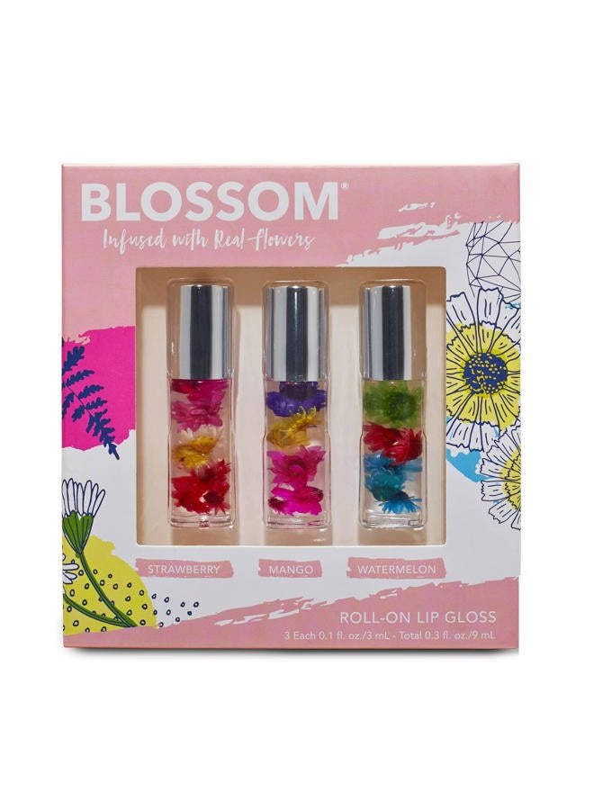 Blossom Roll on Lip Gloss, Scented Clear High Shine Moisturizing Lip Oil, Non Sticky, Infused with Real Flowers, Made in USA, 0.3 fl. oz./9ml, 3 pack Mini Gift Set, Strawberry, Watermelon, Mango - Image 1