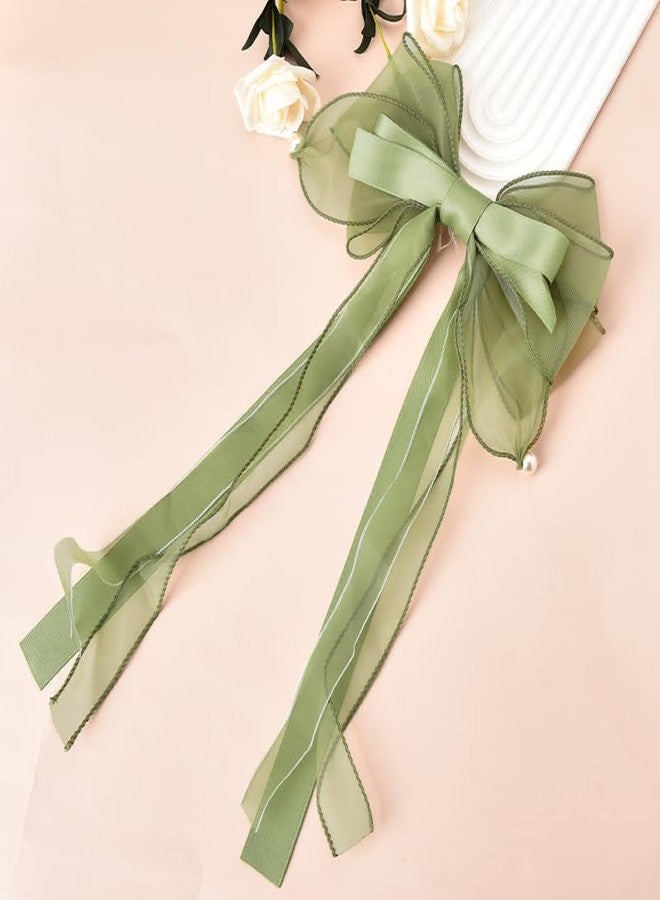YangQian HairBowClip - Long Hair Bow Clip for Women, Big Hair Bows for Girls with Long Tail, Fairy Hair Accessories Clips, Large Green Bows for Girls, Satin Bowknot Hair Clips, 7.9 x 17.7 inches - Image 2