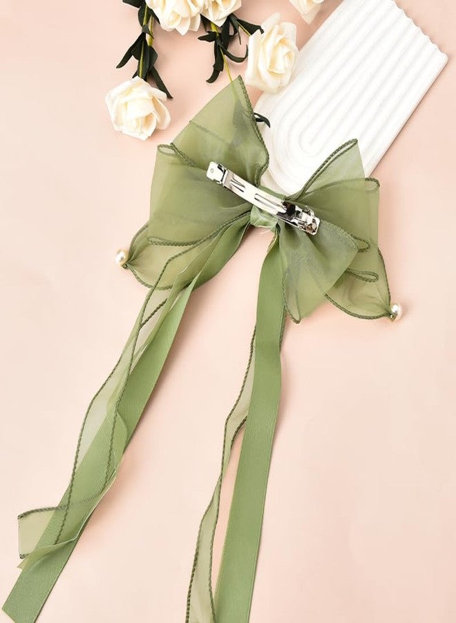 YangQian HairBowClip - Long Hair Bow Clip for Women, Big Hair Bows for Girls with Long Tail, Fairy Hair Accessories Clips, Large Green Bows for Girls, Satin Bowknot Hair Clips, 7.9 x 17.7 inches - Image 4