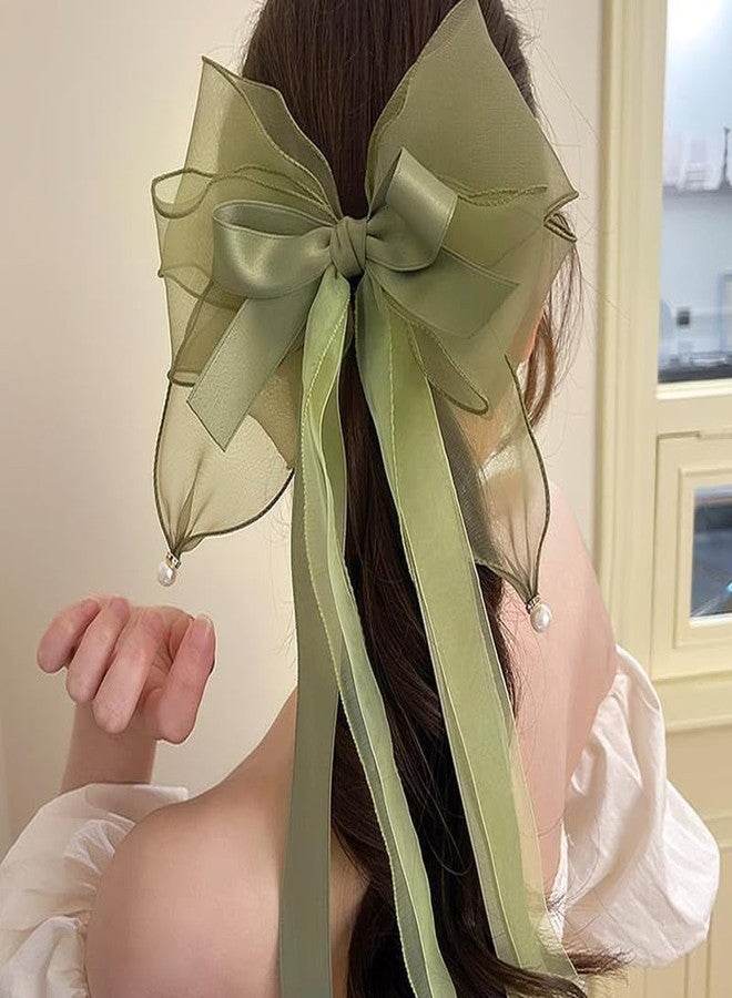 YangQian HairBowClip - Long Hair Bow Clip for Women, Big Hair Bows for Girls with Long Tail, Fairy Hair Accessories Clips, Large Green Bows for Girls, Satin Bowknot Hair Clips, 7.9 x 17.7 inches - Image 1