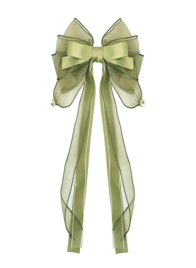 YangQian HairBowClip - Long Hair Bow Clip for Women, Big Hair Bows for Girls with Long Tail, Fairy Hair Accessories Clips, Large Green Bows for Girls, Satin Bowknot Hair Clips, 7.9 x 17.7 inches - Image 5