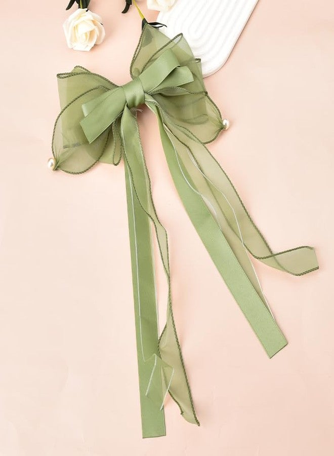 YangQian HairBowClip - Long Hair Bow Clip for Women, Big Hair Bows for Girls with Long Tail, Fairy Hair Accessories Clips, Large Green Bows for Girls, Satin Bowknot Hair Clips, 7.9 x 17.7 inches - Image 3