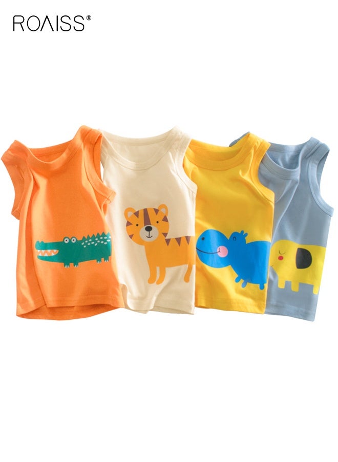 رويس مجموعة 4 قطع من القمصان الصيفية، قمصان قطنية للأولاد، قمصان ناعمة مطبوعة برسومات حيوانات، قمصان مريحة بلا أكمام للأولاد، مناسبة للارتداء اليومي أو أي مناسبة - Image 1
