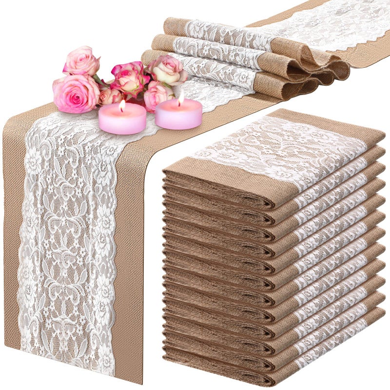 Chumia Chumia 12 Pack Lace Burlap Table Runner Rustic Natural Jute Table Runner 12 x 72 Inch Farmhouse Hessian Tablecloths for Vintage Country Wedding Birthday Thanksgiving Christmas PartyClassic Style
