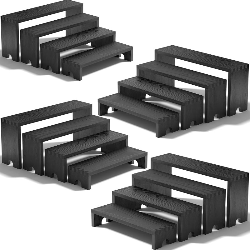 Vecxoty 4 Set Large Black Wooden Tiered Riser Display Stands for Vendor Events,Stackable Wooden Cupcake Stand,Farmhouse Decor Wood Dessert Table Display Set,Vendor Booth Display Items,Food Display Risers for Partyï¼ˆ12-11.2-10.4-9.6INï¼‰ - Image 1