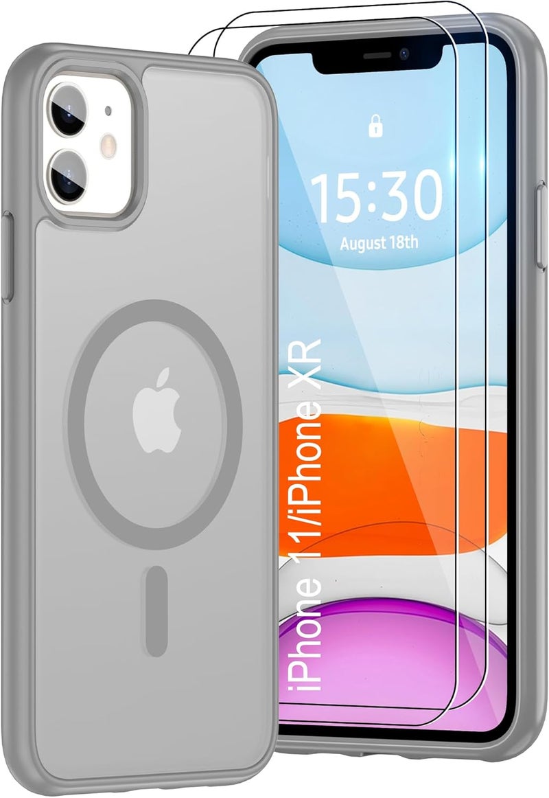Pilaru Magnetic Case for iPhone 11/XR [Compatible with MagSafe] 2X Screen Protector | Anti-Yellowing & Fingerprint, Shockproof, Skin-friendly Slim Fit Translucent Phone for iPhone 11/XR-Grey - Image 1