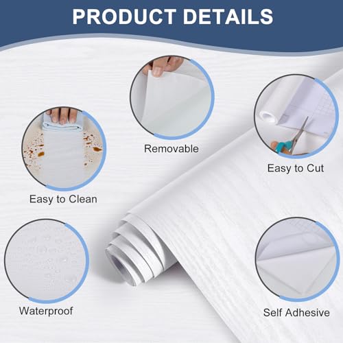 Abyssaly White Wood Paper Decorative Self-Adhesive Film for Furniture Real Wood Tactile Easy to Clean Perfectly Covers The Surface Without Passing Through The Primary Colors 11.8" X 78.7" - Image 2