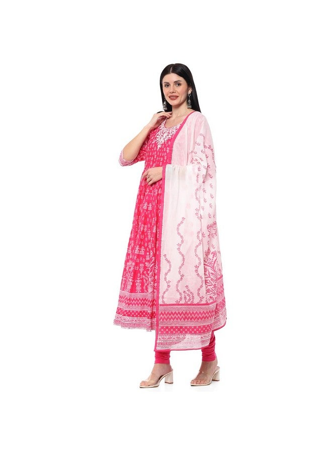 بيبا BIBA قطنية مطبوعة أناركالي سالوار كورتا دوباتا للنساء (Skdik Rang9510_Fuchsia_34)  - Image 2