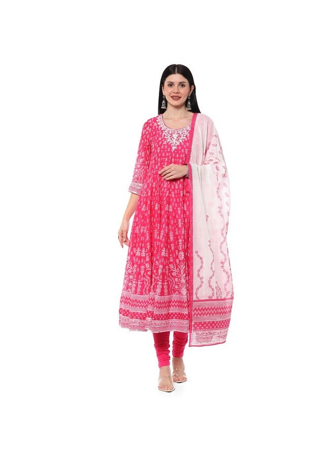 بيبا BIBA قطنية مطبوعة أناركالي سالوار كورتا دوباتا للنساء (Skdik Rang9510_Fuchsia_34)  - Image 1