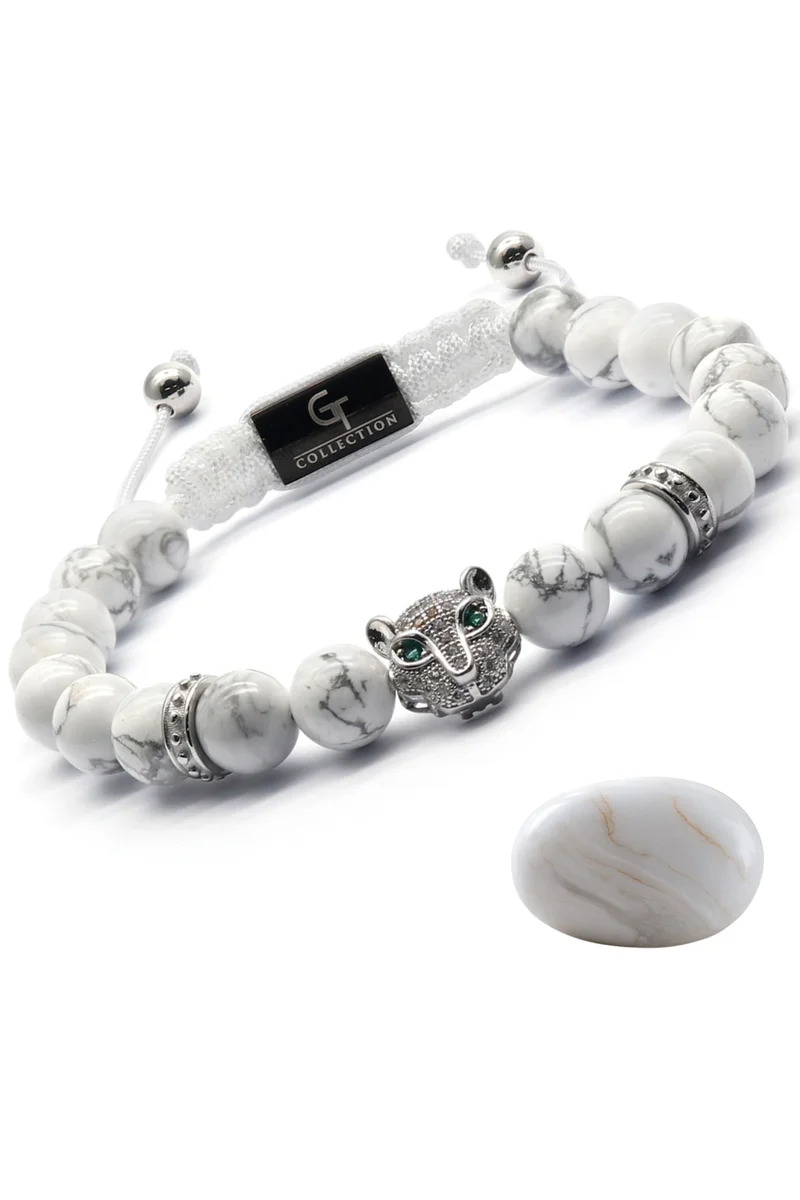 لونورا خرز الهوليت الأبيض سوار خرز من الحجر الطبيعي مصنوع يدويًا – سوار للرجال، سوار رجالي، هدية للرجال، أساور للرجال – مع رأس فهد فضي، قابل للتعديل بمقاس واحد للجميع