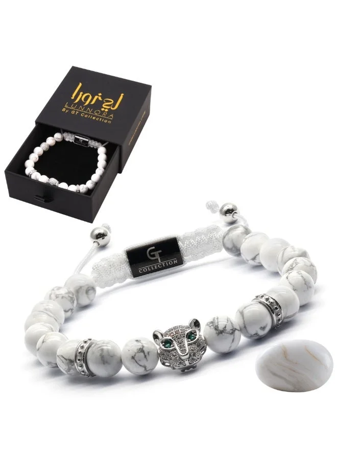 لونورا خرز الهوليت الأبيض سوار خرز من الحجر الطبيعي مصنوع يدويًا – سوار للرجال، سوار رجالي، هدية للرجال، أساور للرجال – مع رأس فهد فضي، قابل للتعديل بمقاس واحد للجميع