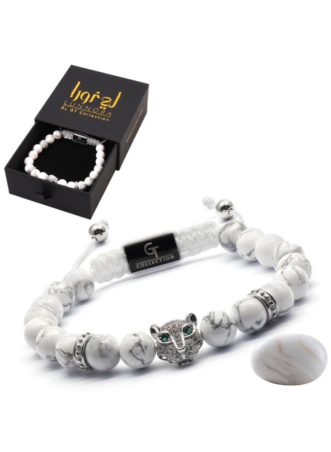 Lunnora White Howlite Beads Handmade Natural Stone Bead Bracelet – Bracelet for Men, Men’s Bracelet, Gifts for Men, Bracelets for Men – With Silver Leopard Head, Adjustable One Size Fits All - Image 1
