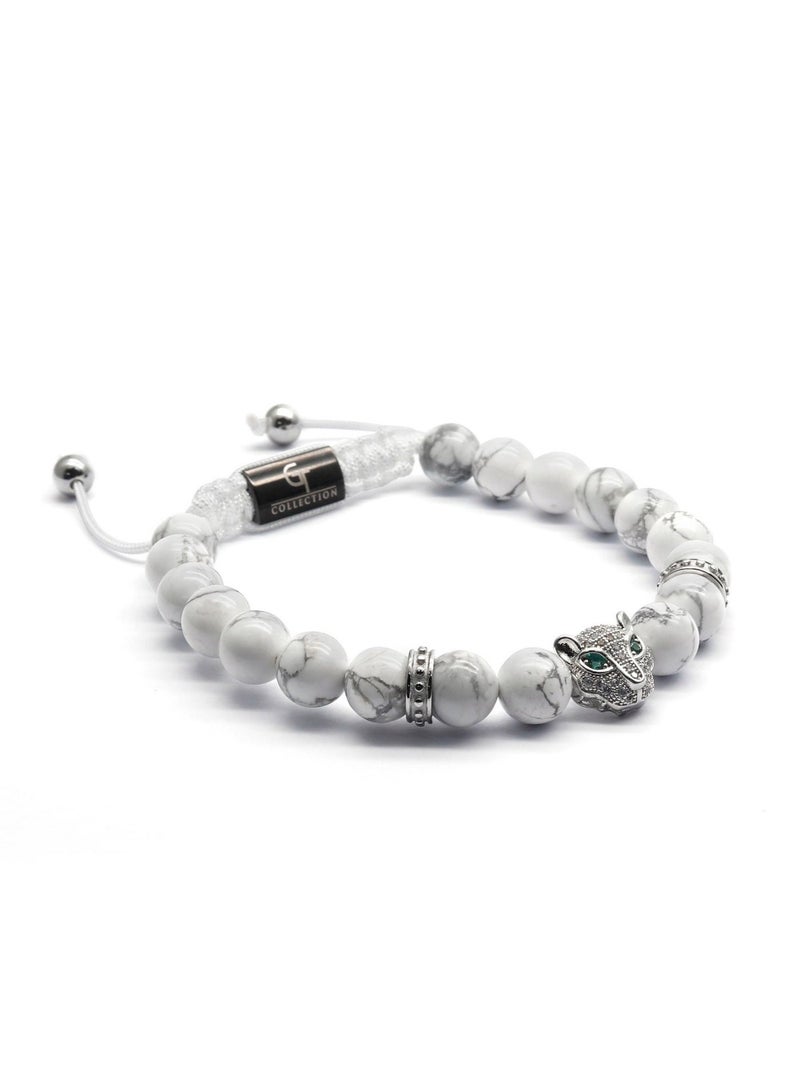 Lunnora White Howlite Beads Handmade Natural Stone Bead Bracelet – Bracelet for Men, Men’s Bracelet, Gifts for Men, Bracelets for Men – With Silver Leopard Head, Adjustable One Size Fits All - Image 5
