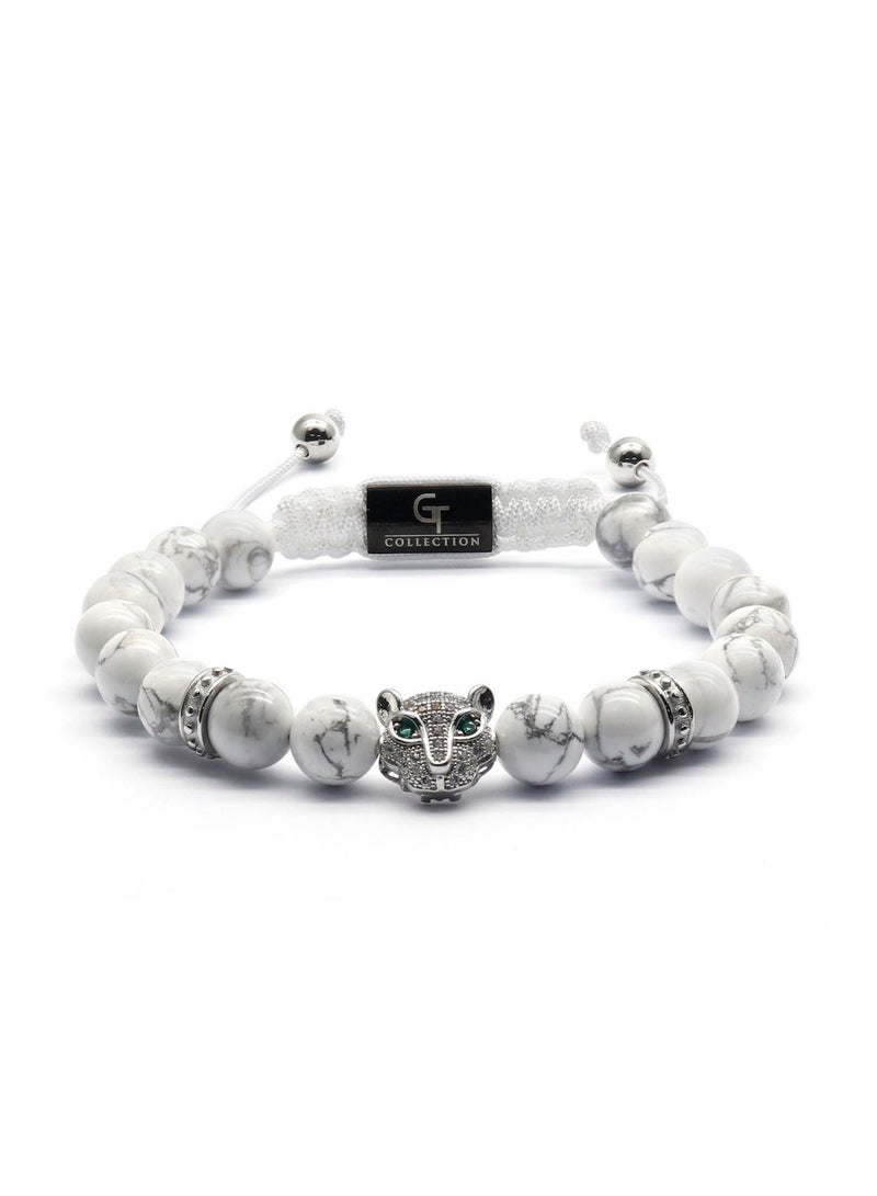 Lunnora White Howlite Beads Handmade Natural Stone Bead Bracelet – Bracelet for Men, Men’s Bracelet, Gifts for Men, Bracelets for Men – With Silver Leopard Head, Adjustable One Size Fits All - Image 3