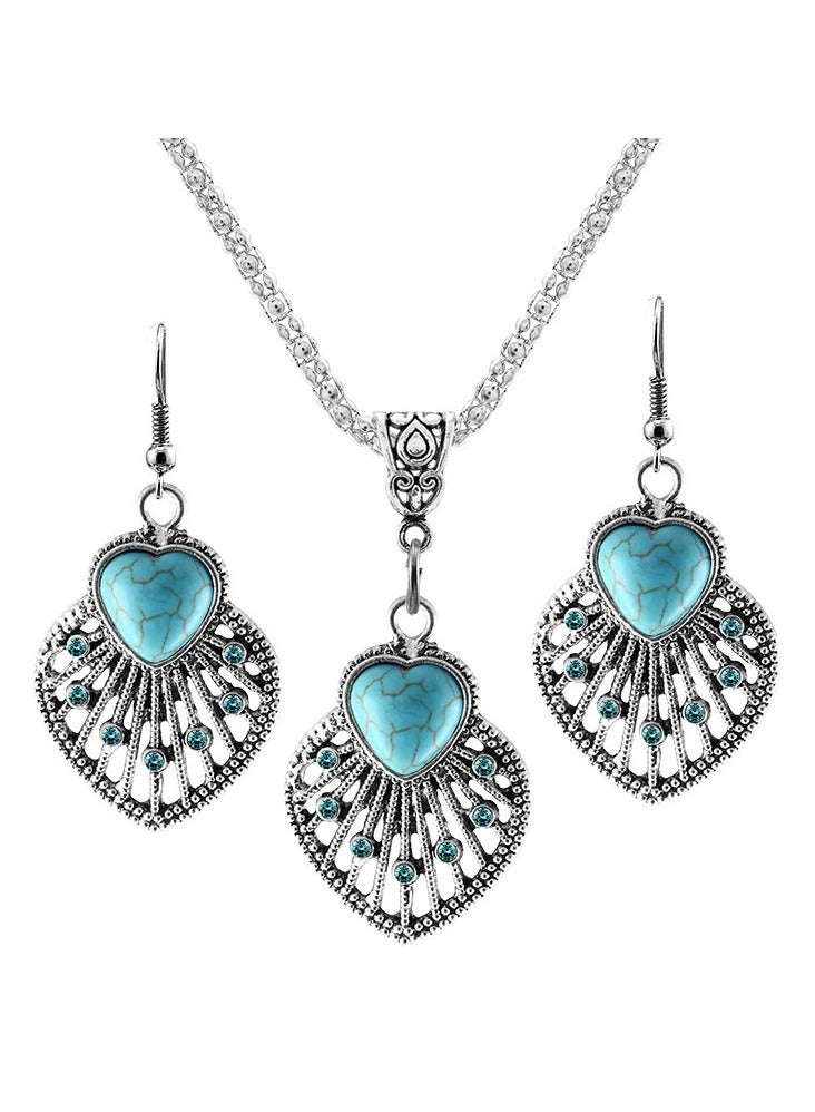 Goolsky Vintage Boho Leaf Pendant & Turquoise Earrings Set – Hollow Fan Shape Statement Jewelry, Retro Style