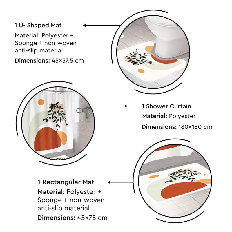 Encasa XO Shower Curtain & Bathmat 3 Pcs Set| Curtain 180x180 cm, Mats 45x75 cm, 45x37.5 cm| Creative Vibrant Coloured Polyster Curtain Sets Bath mats for Bathroom| Sunset - Image 3