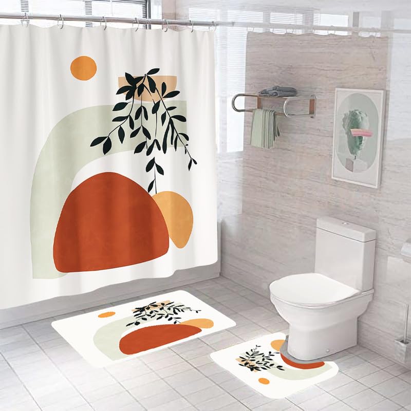 Encasa XO Shower Curtain & Bathmat 3 Pcs Set| Curtain 180x180 cm, Mats 45x75 cm, 45x37.5 cm| Creative Vibrant Coloured Polyster Curtain Sets Bath mats for Bathroom| Sunset - Image 1