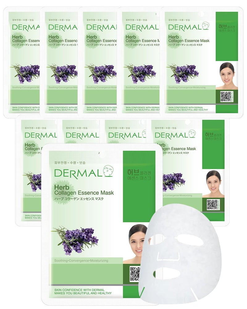 DERMAL Herb Collagen Essence Facial Mask Sheet 23g Pack of 10  Skin Clear and Purifying Pore Tightening Calming for Oily Skin Daily Skin Treatment Solution Sheet Mask
