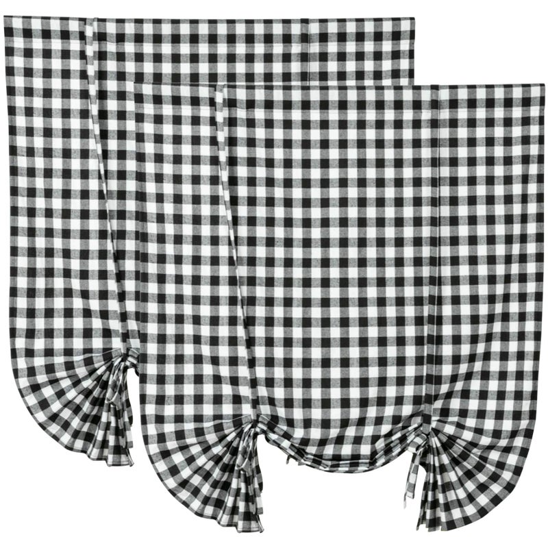 2 Pack Buffalo Check Plaid Tie Up Shades Farmhouse Style Gingham Rod Pocket Window Curtain for Kitchen 42x63 Inches White and Black White and Black