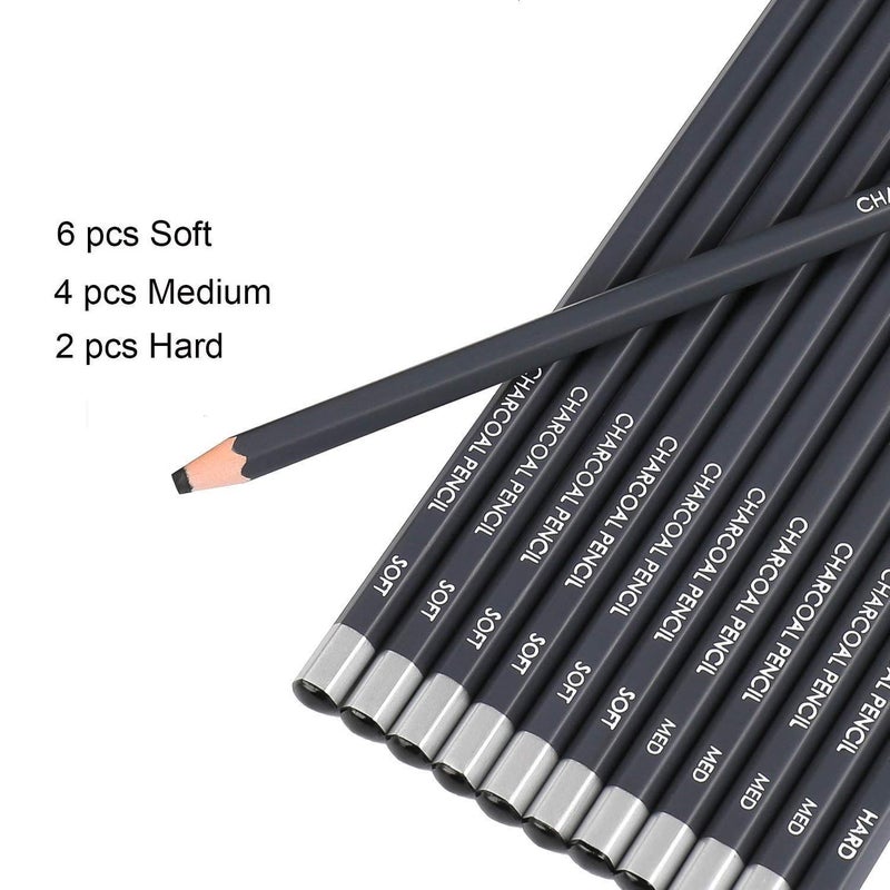 Definite طقم رسم بالفحم من أقلام الفحم للطلاب المحترفين والفنانين | أقلام فحم سوداء | عبوة من 12 (6 فحم ناعم، 4 فحم متوسط، 2 فحم صلب) - Image 2