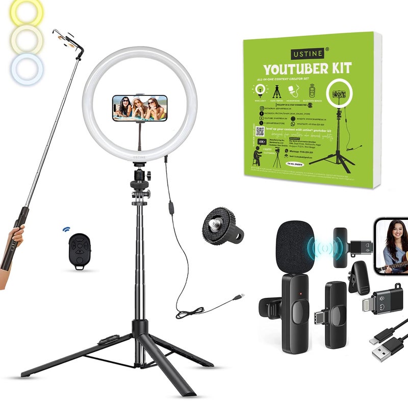 USTINE طقم يوتيوبر ® | ضوء حلقي 10" | ميكروفون لاسلكي | عصا سيلفي طويلة جدًا مع حامل ثلاثي كبير معزز يصل إلى 67 بوصة/170 سم مع، BT، فيديوهات فيسبوك، ريلز. (Tripro X5 + ضوء 10" + ميكروفون لاسلكي) - Image 1
