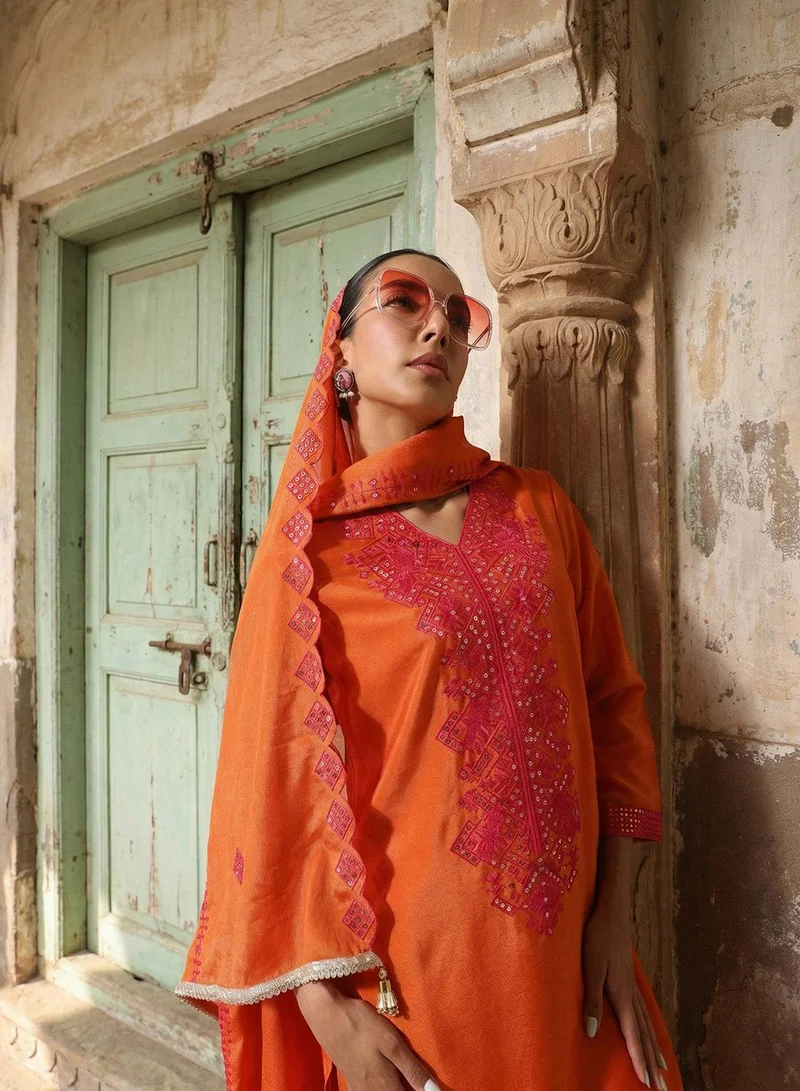 آي شين Orange Poly Embroidered Relaxed A-Line Tunic & Full Length Palazzo Kurta Set For Women