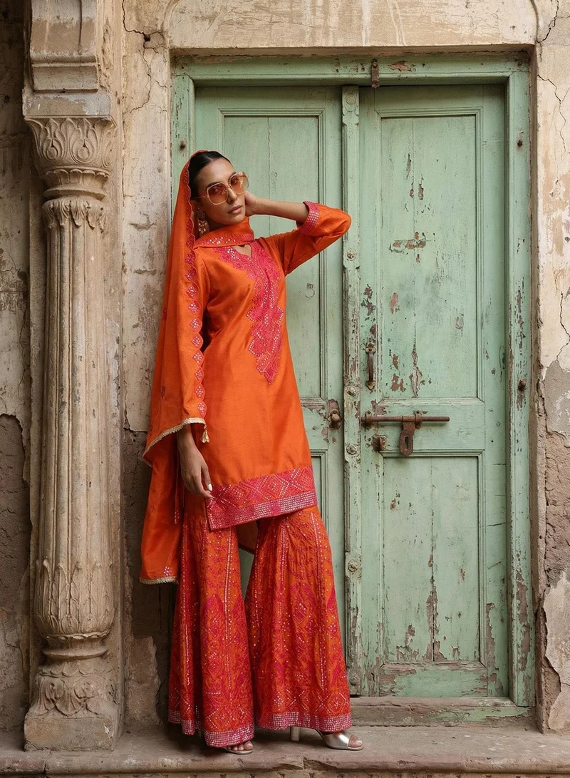 آي شين Orange Poly Embroidered Relaxed A-Line Tunic & Full Length Palazzo Kurta Set For Women