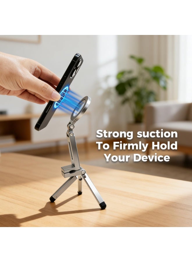 Magnetic Tripod for Phone,360° Rotating Phone Tripod Stand,Adjustable,Clipable,Foldable and Triangular Fixing Airplane Travel Essentials Phones Holder for Phones(Silver,Size:19 * 16cm) - Image 4