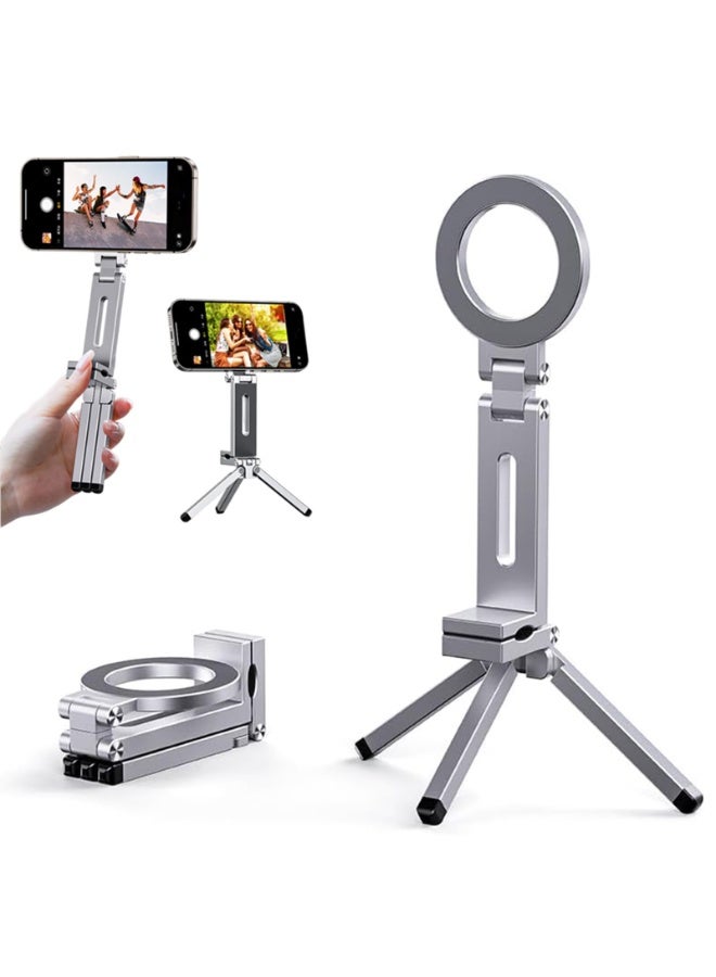 Magnetic Tripod for Phone,360° Rotating Phone Tripod Stand,Adjustable,Clipable,Foldable and Triangular Fixing Airplane Travel Essentials Phones Holder for Phones(Silver,Size:19 * 16cm) - Image 1