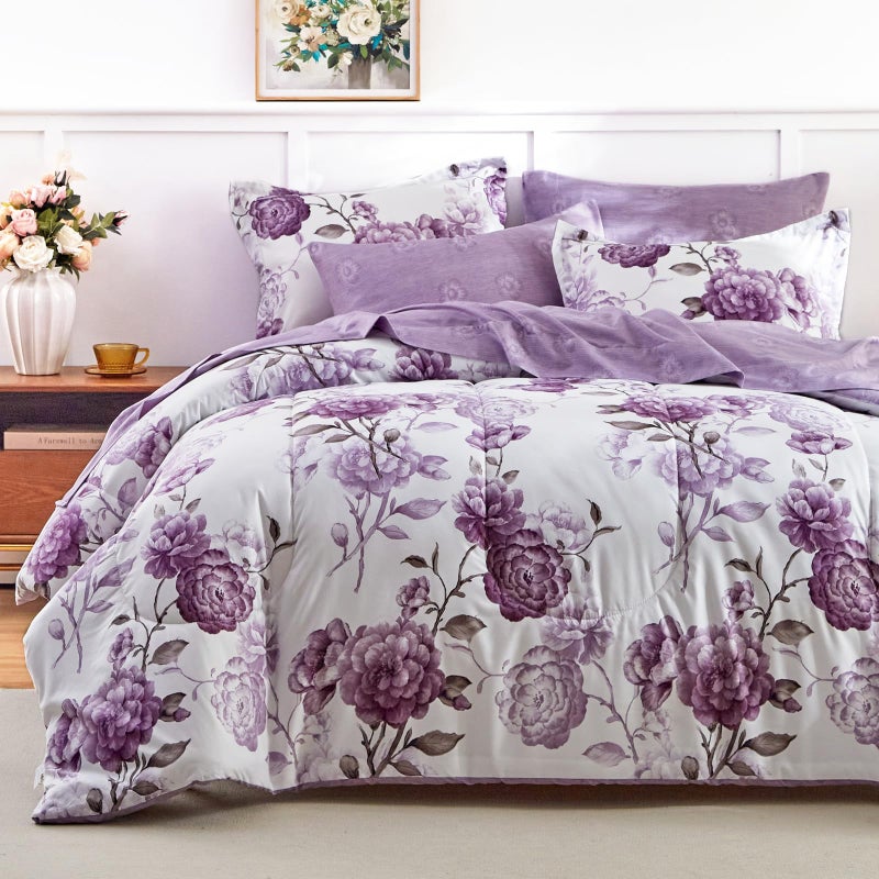 AIKASY 7-Piece Queen Size Bed in a Bag Comforter Set - Thistle Purple Floral Ensemble with Reversible Botanical Flowers Comforter, Sheets, Pillowcases & Shams - Image 1