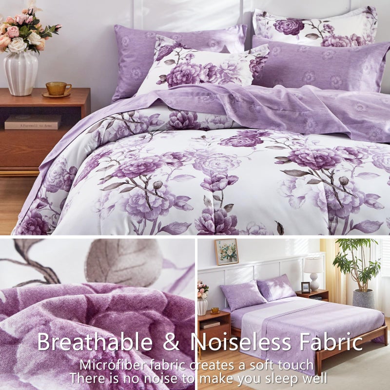 AIKASY 7-Piece Queen Size Bed in a Bag Comforter Set - Thistle Purple Floral Ensemble with Reversible Botanical Flowers Comforter, Sheets, Pillowcases & Shams - Image 5