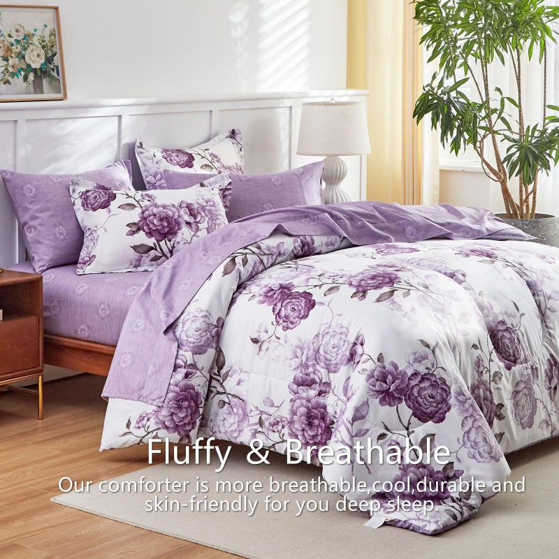 AIKASY 7-Piece Queen Size Bed in a Bag Comforter Set - Thistle Purple Floral Ensemble with Reversible Botanical Flowers Comforter, Sheets, Pillowcases & Shams - Image 4