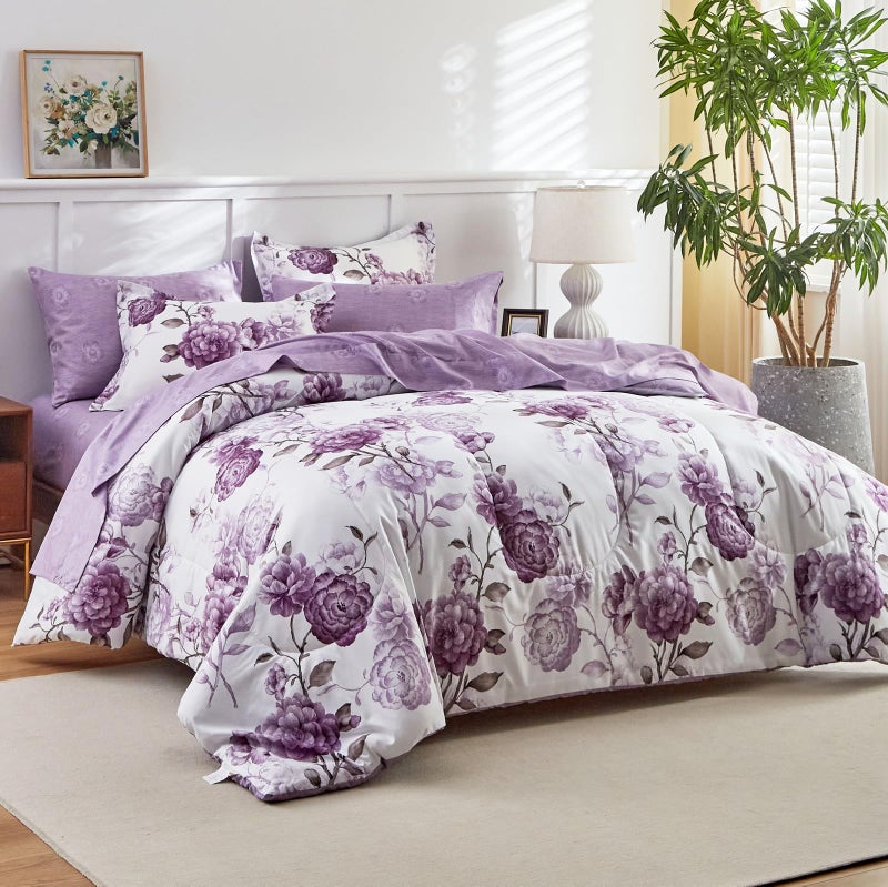 AIKASY 7-Piece Queen Size Bed in a Bag Comforter Set - Thistle Purple Floral Ensemble with Reversible Botanical Flowers Comforter, Sheets, Pillowcases & Shams - Image 2
