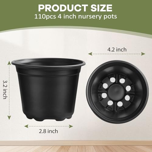 HQAUT 4 5 6 Inch Nursery Pots, 110 Packs Plastic Plant Pot with Drainage Hole, Seedling Starter Pots for Succulents (4 Inch) - Image 2