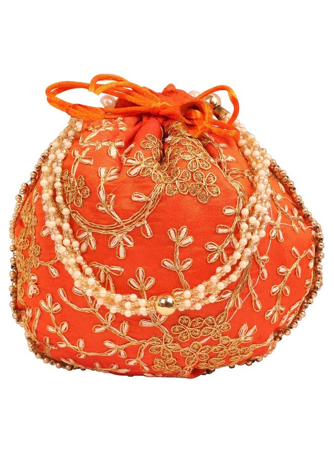 Touchstone Traditional Indian Hand Embroidered Floral Faux Pearls Strings Shopping Gifts Jewelry Wedding Sweet Distribution Drawstring Orange Fancy Bag Purse Pouch For Women. - Image 3