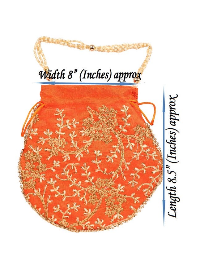 Touchstone Traditional Indian Hand Embroidered Floral Faux Pearls Strings Shopping Gifts Jewelry Wedding Sweet Distribution Drawstring Orange Fancy Bag Purse Pouch For Women. - Image 4