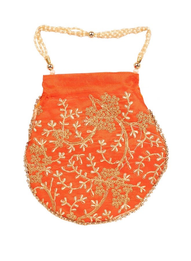 Touchstone Traditional Indian Hand Embroidered Floral Faux Pearls Strings Shopping Gifts Jewelry Wedding Sweet Distribution Drawstring Orange Fancy Bag Purse Pouch For Women. - Image 1