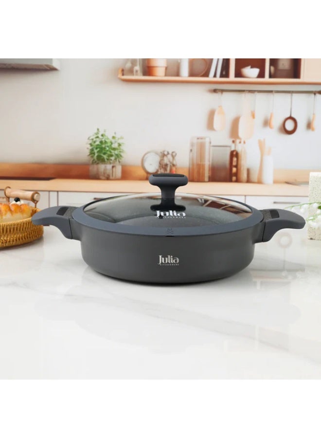 Julia Elite Edge Shallow Casserole 28cm with Lid - Grey - Black Granite Non-Stick - Induction Ready - Image 1
