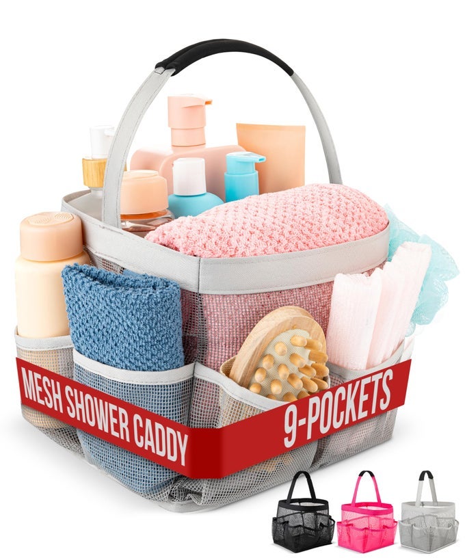MESH SHOWER CADDY 9 POCKET PORTABLE BATHROOM ORGANIZER TOTE FOR TRAVEL GYM DORM COLLAPSIBLE SMALL SHOWER CADDY BAG TO HOLD TOILETRIES ESSENTIALS GRAY